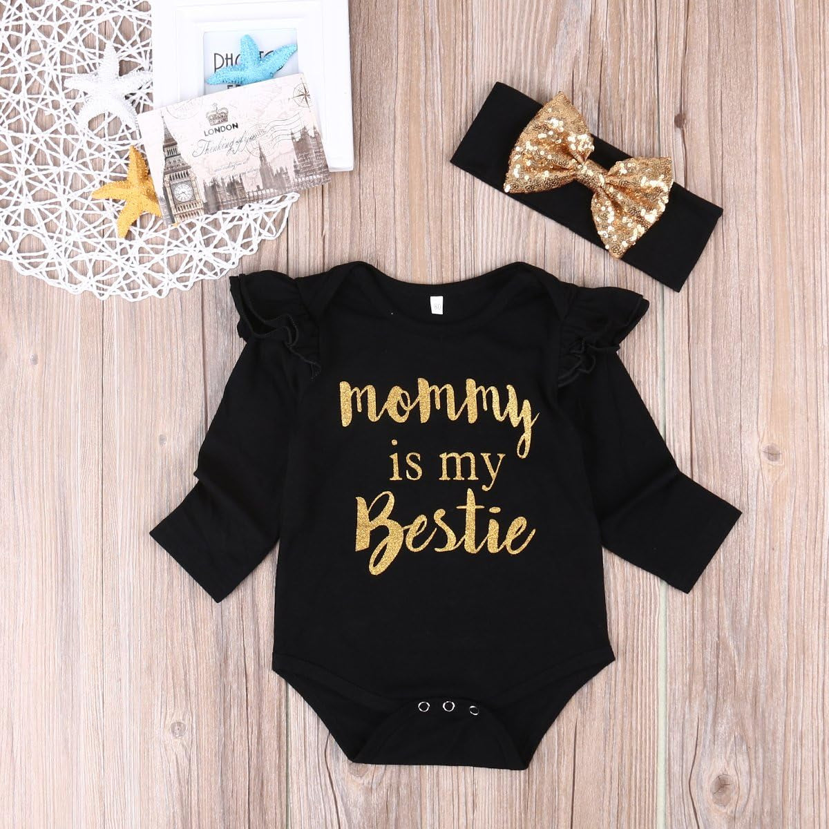 Newborn Baby Girls Clothes Floral “Mommy Is My Bestie” Bodysuit Romper +Headband